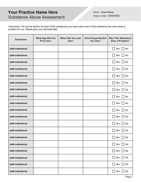 Drug Assessment Forms Printable