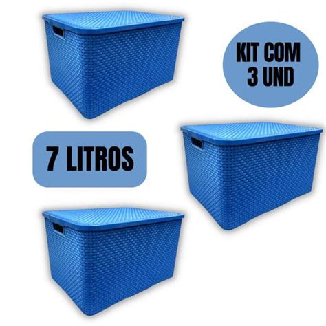 Kit C 3 Cesto Caixa Organizadora Rattan 7 Litros Azul ARQPLAST