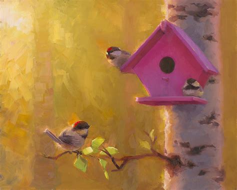 Spring Chickadees 1 Birdhouse And Birch Forest Painting By Karen