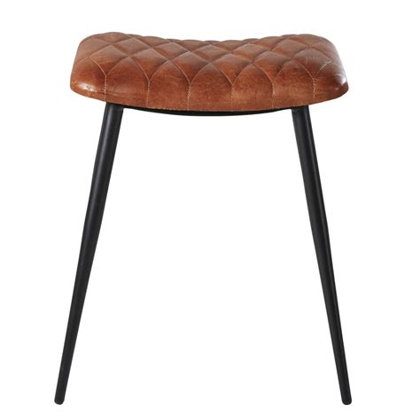 Tabouret En Cuir De Ch Vre Matelass Marron Et M Tal Noir Jesse