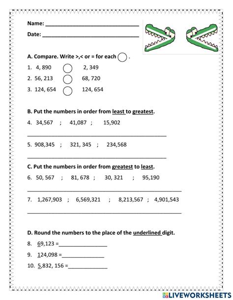 Comparing And Ordering Numbers Rounding Worksheet Live Worksheets