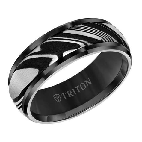 TRITON Black Tungsten Carbide And Damascus Steel Beveled Edge Comfort