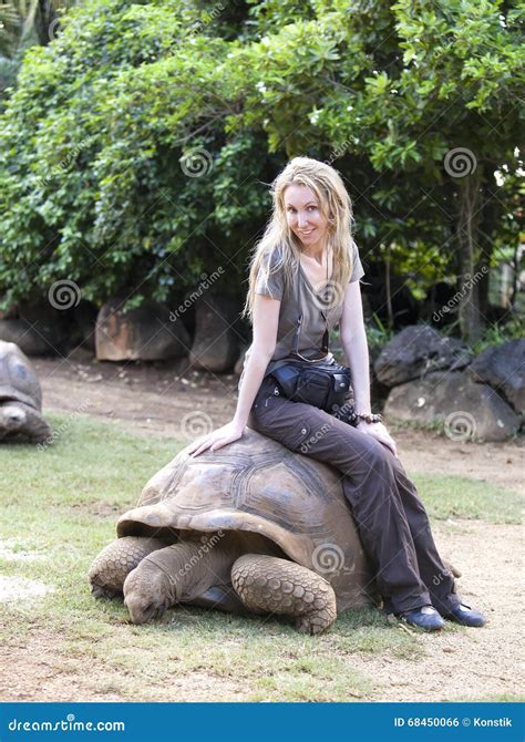 Young Beautiful Tourist Woman Riding On Giant Turtle Stock Photo