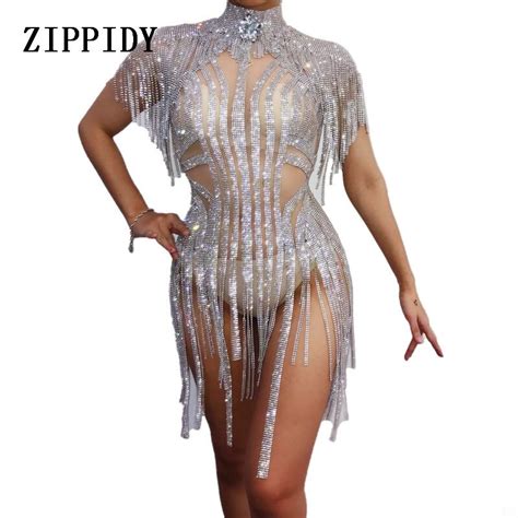 Glisten Silver Rhinestones Tassel Perspective Bodysuit Nightclub Women