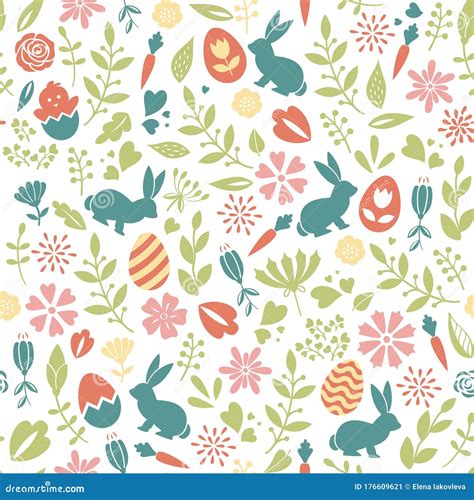 Floral Colorful Seamless Easter Pattern With Eggs And Bunnies Stock