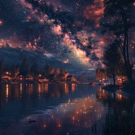 secluded lakeside village  beautiful night skies
