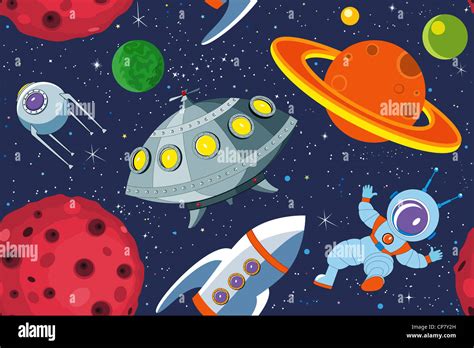 Fondo De Dibujos Animados Con El Ovni Cohete Astronauta Satélites Y Planetas Contra El Cielo