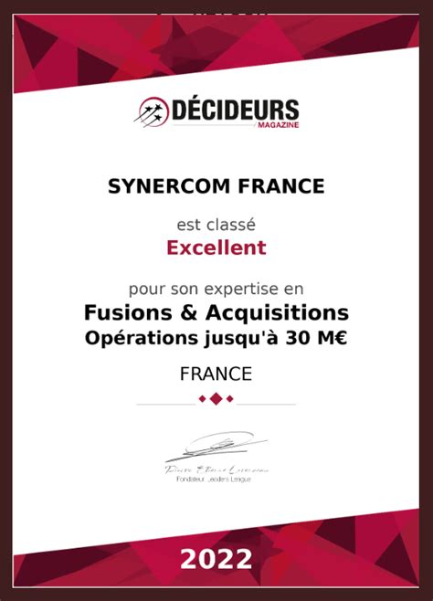 CLASSEMENT DECIDEURS Magazine 2022 2023 SYNERCOM FRANCE est classé