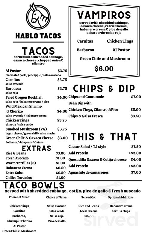 Hablo Tacos menu in Bend, Oregon, USA