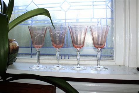 4 Fostoria Rose Pink Etched Wine Goblets Glasses Vintage Stemware