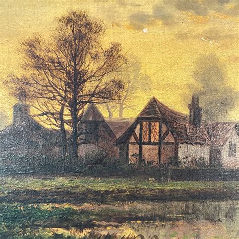 Antique River Landscape Oil Painting Study Of Manor House And Church At