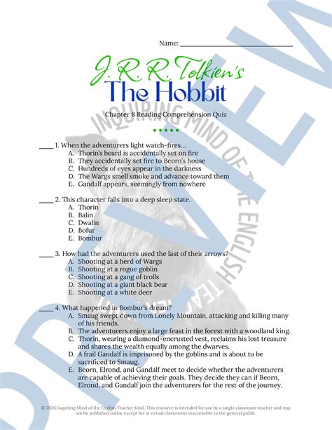 The Hobbit Chapter 8 Quiz and Answer Key | Teaching Resources