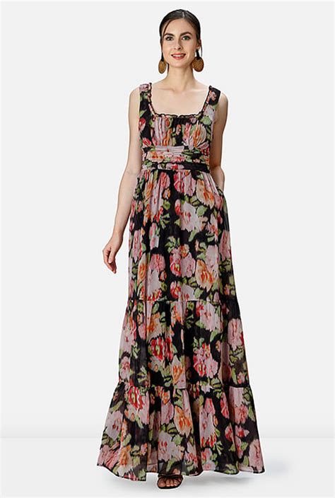 Shop Floral Print Georgette Empire Tiered Maxi Dress Eshakti