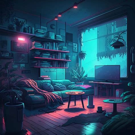 Stylish Cyberpunk Apartment Living Room Interior - Concept Art ...