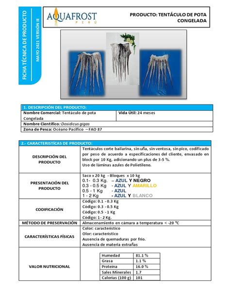 Ficha Técnica De Producto Del Tentáculo De Pota Congelado Descripción