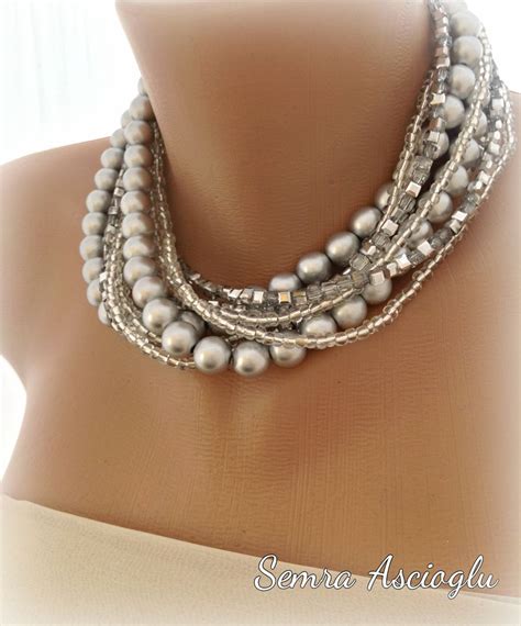 Handmade Chunky Bridal Silver Pearl Necklace With Sparkle Gray