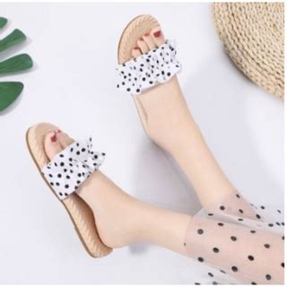 Jual Sandal Kokop Kerut Polkadot Wanita Press Sendal Selop Etnik Suede