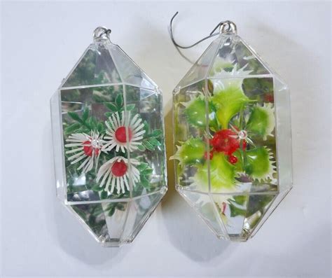 2 Vintage Jewel Brite Plastic Hexagon Diorama Christmas Ornaments Holly