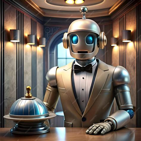 A friendly robot concierge in a tuxedo stands behind a hotel reception