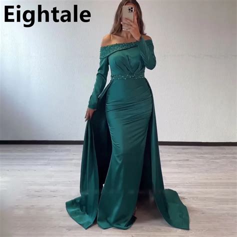 Eightale 2023 Green Satin Mermaid Long Sleeve Evening Dress For Wedding