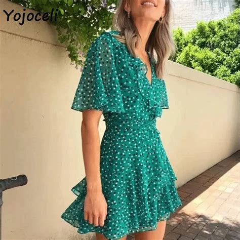 Yojoceli 2019 Summer Boho Beach Chic Print Dress Romantic Wrap Ruffle