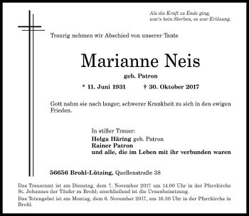 Traueranzeigen Von Marianne Neis Rz Trauer De