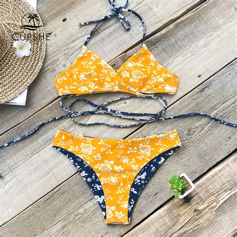 CUPSHE Blue And Yellow Floral Reversible Cross Bikini Sets Women Sexy