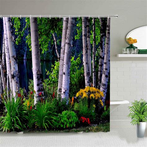 Modern 3d Printing Forest Landscape Shower Curtains Green Plant Tree