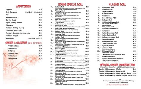 Menu at Sakura Hibachi & Sushi Grill restaurant, Wentzville