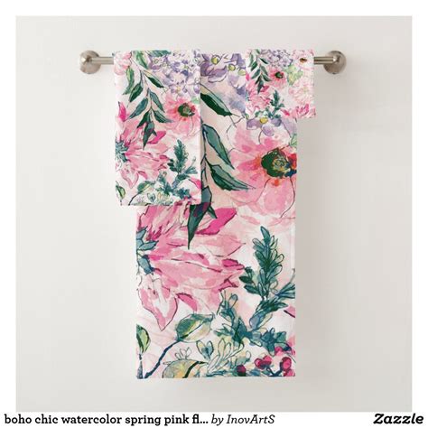 Boho Chic Watercolor Spring Pink Floral Bath Towel Set Zazzle In