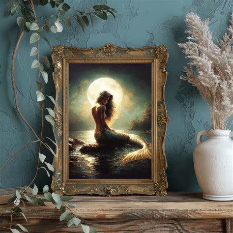 Beautiful Mermaid Siren Full Moon Light, Moonlit Vintage Painting, Art ...