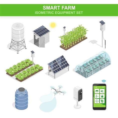 Premium Vector Smart Farm Iot Set Solar Cell Water Pump And Drone