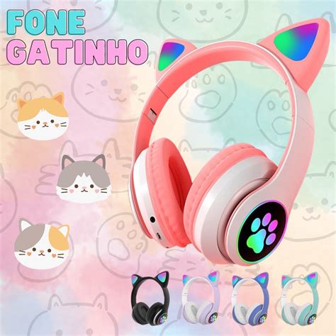 Fone Headphone Orelha Gato Colorido Led Smartphone Geek Gamer Gatinho