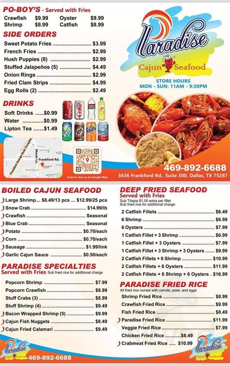 Paradise Cajun Seafood Menu In Dallas Texas Usa