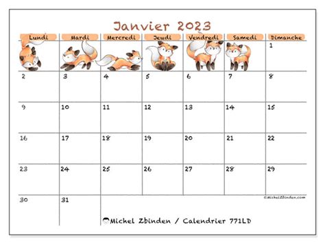 Calendriers janvier 2023 à imprimer Michel Zbinden BE