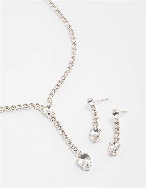 Silver Teardrop Diamante Cupchain Earrings And Necklace Lovisa