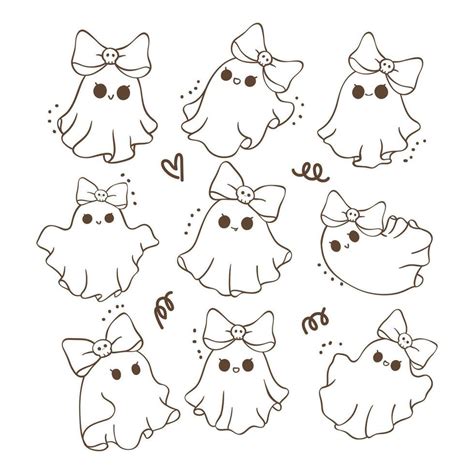 Cute Kawaii Halloween Ghost Cartoon Doodle outline Drawing Collection ...