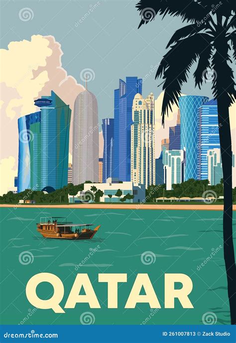 Qatar Travel Poster with City Skyline Illustration Stock Image - Image of landmark, text: 261007813