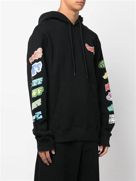 Off White Graphic Print Cotton Hoodie In Black Modesens