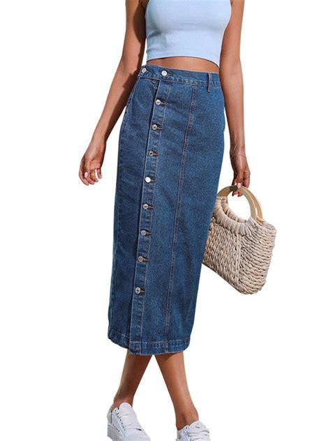 Frontwalk Women Midi Skirt High Waist Skirts Denim Beach Vintage Button