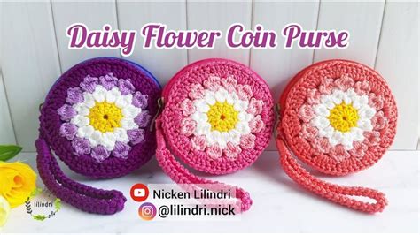 CROCHET Tutorial Daisy Flower Coin Purse Dompet Koin Rajut Motif