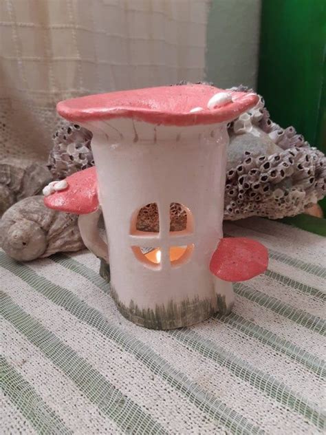 Handmade Mushroom House Candle Holder Ceramic Oil Burner Red Mushroom