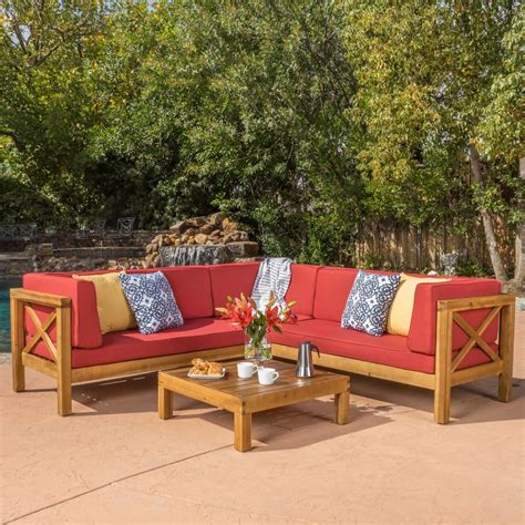 4 Piece Outdoor Sectional Set Teak Wood Red Cushions Garden Patio ...