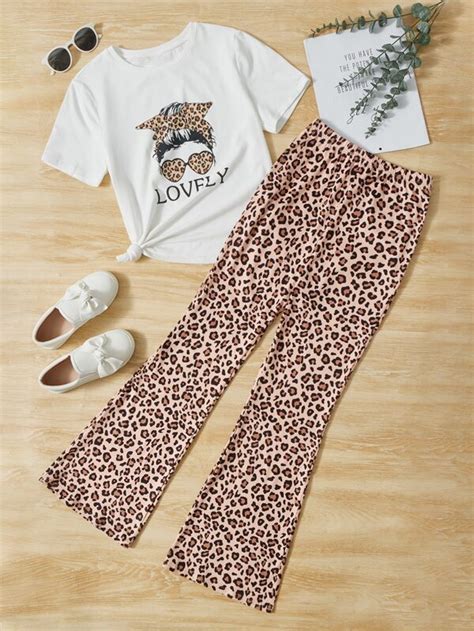 Shein Teen Girls Figure Leopard Print Tee Flare Leg Pants Shein Usa