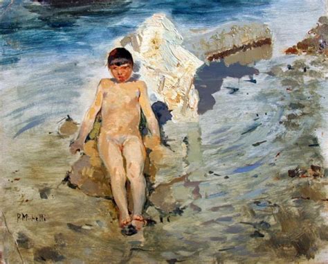 A Painting Of A Boy Walking In The Water