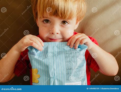 Cute Child With Pack Of Chips Stock Image Image Of Pack Casual