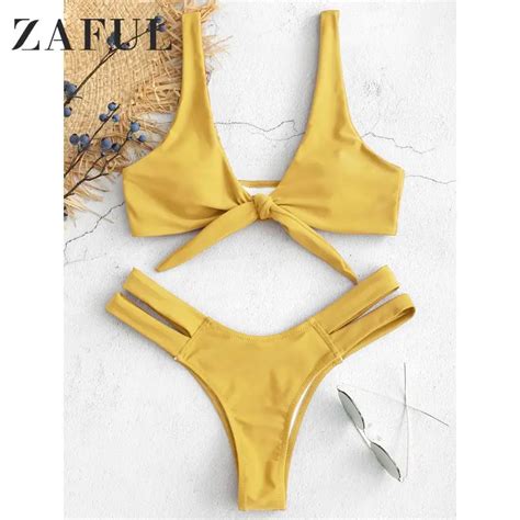 Zaful Sexy Women Swimwear Tie Front Cutout Plunge Bikini Set Bathing