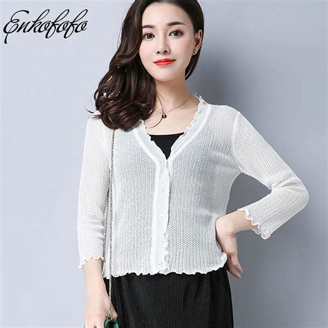 Summer Beach Cardigans Spring Women Cotton Three Quarter Sweater