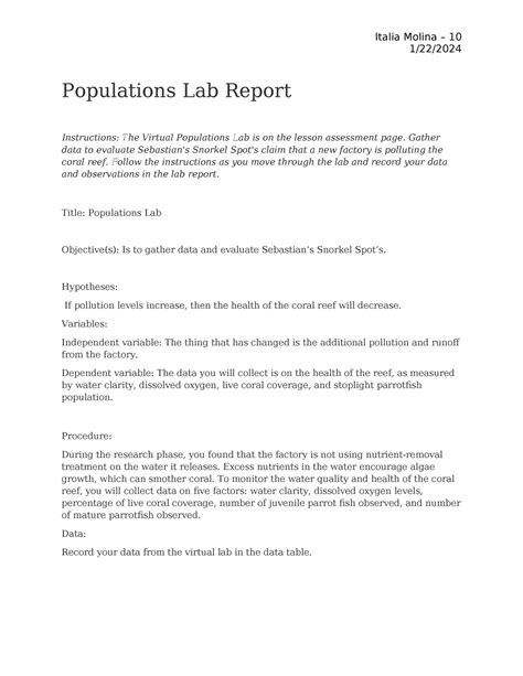 Populations Lab Report Populations Lab Report Instructions The