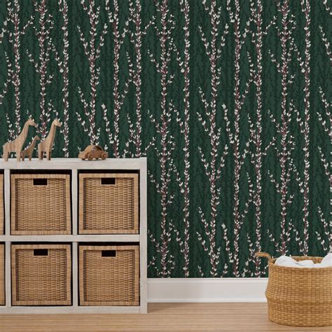 Pussy Willows Catkins On Dark Green Wallpaper Spoonflower